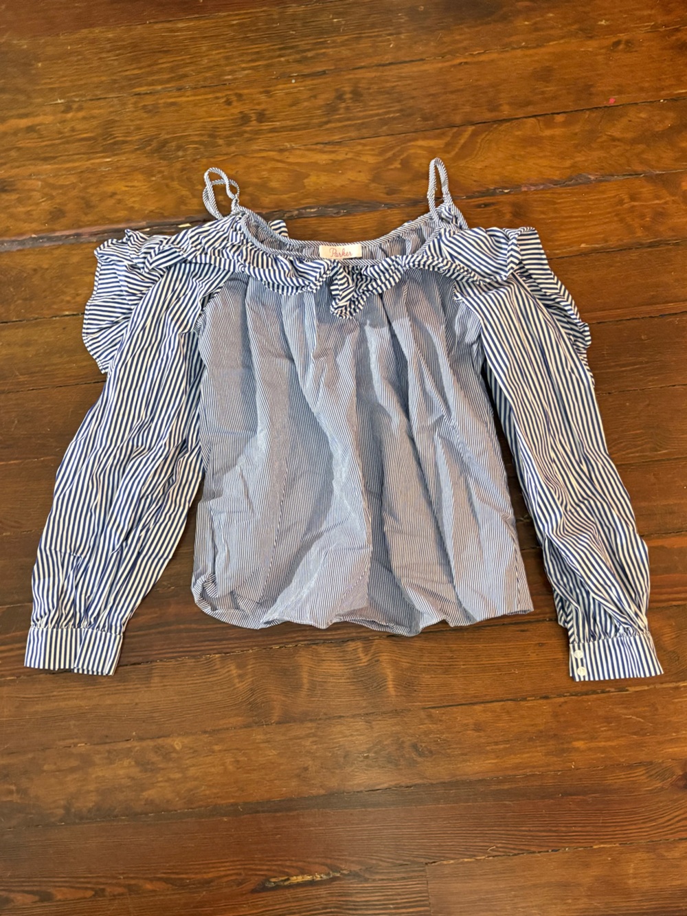 Parker blue and white off shoulder long sleeve top blouse striped ruffle size